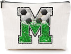 Soccer Gifts Initial Makeup Bag Monogrammed Cosmetic Bag Letter M Zipper Pouch Soccer Accessories for Girls Women Player Coach Friend Stuff Graduation Birthday Gifts