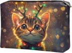 COEQINE Christmas Purse Pouches for Organizing Cute Cat Lights Deer Designer Large Cosmetic Bag for Womens Leather Zipper Pouch for Party Travel Holiday Handbag
