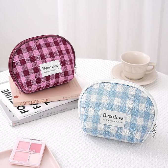 FAELBATY Makeup Bag Large Checkered Fabric Toiletry Organizer Bag for Women Girls (Rose Red)
