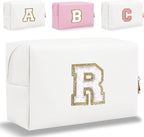 Small Personalized Letter Makeup Bag, White, PU Leather, Waterproof, Zipper, Women's Cosmetic Case