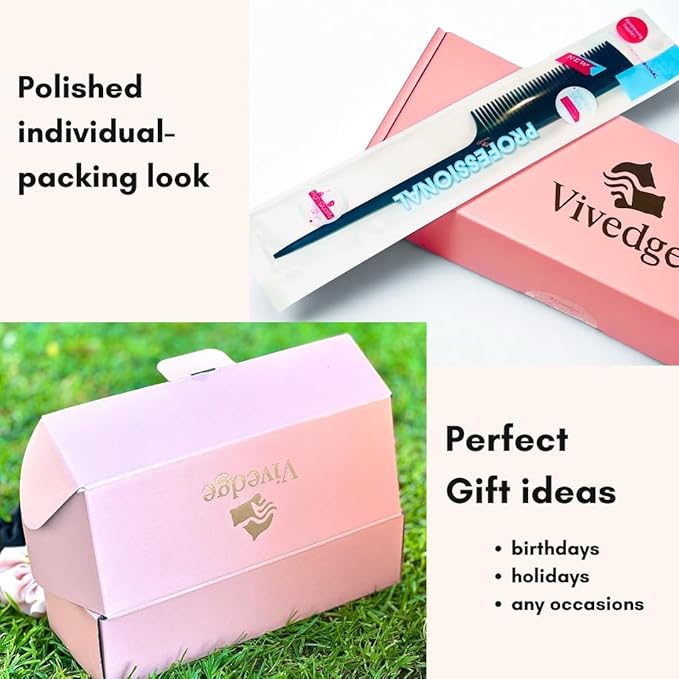 VIVEDGE| Curly Hair Comb Set | Carbon Fiber Detangler Wide Tooth Parting Combs anti static frizz-free with Premium Acccessories for Styling | Gift set for loved ones (Black-Pink)