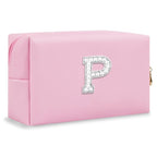 ChaoGreat Bride Gifts – Personalized Initial Makeup Bag with Pearl Rhinestone Patch, Preppy Pink Monogram Cosmetic/Toiletry Pouch, bridesmaid Gifts, Bridal Shower Gifts, Wedding Gifts, Bridal Gifts,P