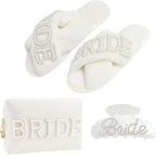 Bridal Shower Gifts, Bride to Be Letter Makeup Bag with Pearl Rhinestone Fuzzy Bride Slippers, Hair Clip Wedding Engagement Gifts for Her, Bachelorette gifts