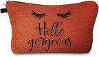 Hello Gorgeous Makeup Bag – Sparkly Orange Cosmetic Bag for Women – Travel Toiletry Organizer Pouch – Glitter Zipper Bag Bridesmaid Gift, Birthday, Holiday