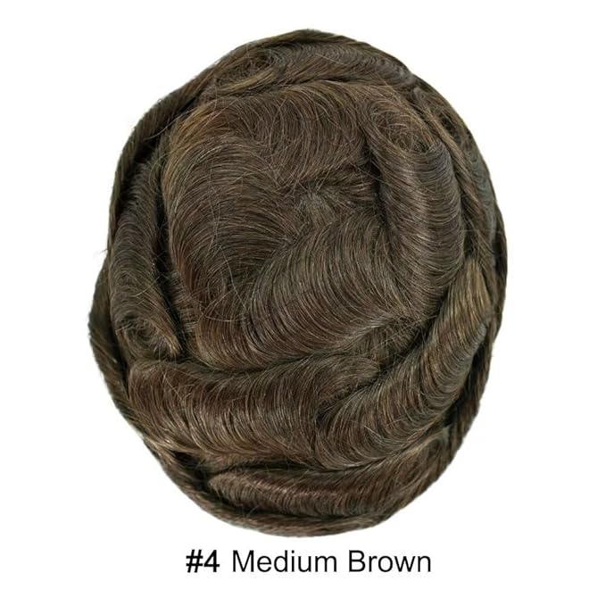 Toupee for Men French Lace Center Human Hair Replacement Systems Transparent Lace Center Hair Piece Mens Toupee Hair Units for Man V-Looped Front Male Hair Prosthesis 6"X9" 4# MEDIUM BROWN