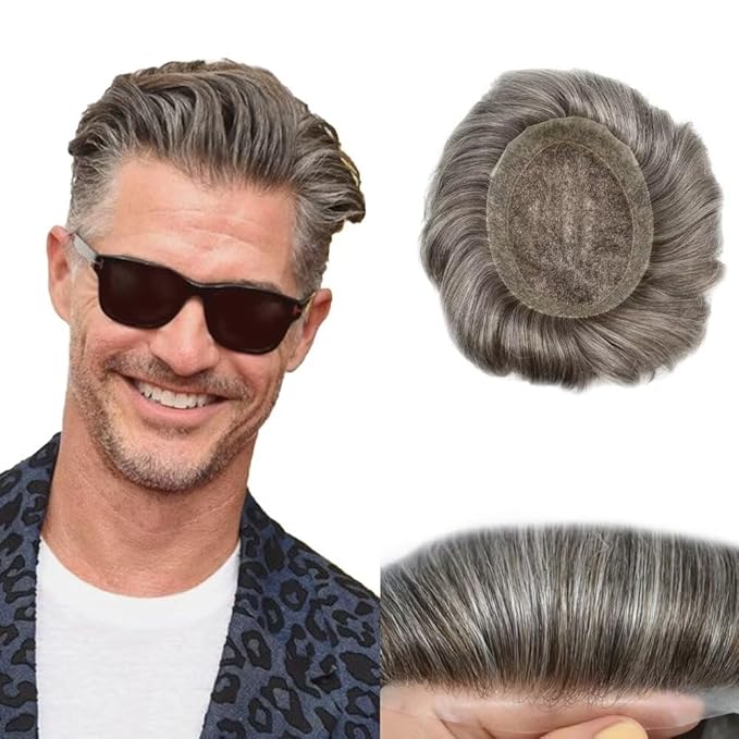 FACE MIRACLE Hair System for Men French Lace Mens Toupee Human Hair Replacement System Lace with PU Toupee for Men Male Hair Piece Wigs 6"X9" #365 Dark Brown with 65% Gray