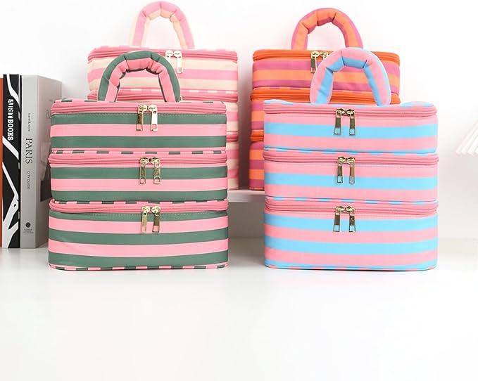 Three Layer Makeup Bag for Women Fashion Stripes Cosmetic Bag Preppy Style Travel Water-Resistant Toiletry Bag for Storage Toiletries Cosmetics Sets for Women Teen Girls Green