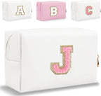 Small Personalized Letter Makeup Bag, Cute PU Leather Chenille Letters Cosmetic Bag Travel Makeup Pouch, Preppy Travel Organizer Zipper Pouch for Women&Girls（WhitePink-J）