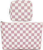 Checkered Makeup Bag, Travel Cosmetic Bag Organizer Toiletry Bag Make Up Bags with Zipper & Compartments for Women Girls, 2PCS