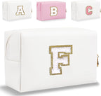 Small Personalized Letter Makeup Bag, Cute PU Leather Chenille Letters Cosmetic Bag Travel Makeup Pouch, Preppy Travel Organizer Zipper Pouch for Women&Girls（White-F）