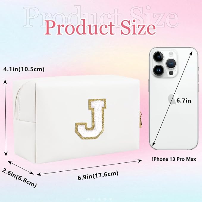 Small Personalized Letter Makeup Bag, Cute PU Leather Chenille Letters Cosmetic Bag Travel Makeup Pouch, Preppy Travel Organizer Zipper Pouch for Women&Girls（White-J）