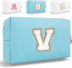 Small Personalized Letter Makeup Bag, Cute PU Leather Chenille Letters Cosmetic Bag Travel Makeup Pouch, Preppy Travel Organizer Zipper Pouch for Women&Girls（Blue-V）