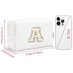 Small Initial Patch Makeup Bag Personalized Gifts Make Up Bag,White Cute PU Leather Glitter Letter Cosmetic Bag with Zipper,Trendy Portable Travel Toiletry Pouch,Preppy Stuff for Teen Girls Women A