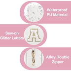 Small Initial Patch Makeup Bag Personalized Gifts Make Up Bag,White Cute PU Leather Glitter Letter Cosmetic Bag with Zipper,Trendy Portable Travel Toiletry Pouch,Preppy Stuff for Teen Girls Women A