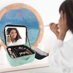 Travel Makeup Bag with LED Mirror Travel Makeup Organizer with 3 Lighted Settings, Adjustable Dividers and Makeup Brush Storage Bag Light Green