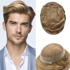 Mens Toupee Human Hair Piece French Lace Toupee for Man Hair System Indian Human Hair Replacement Systems V-Looped PU Front Hairpieces 6"X8" 17R#BROWN/BLONDE MIX WARM TONE