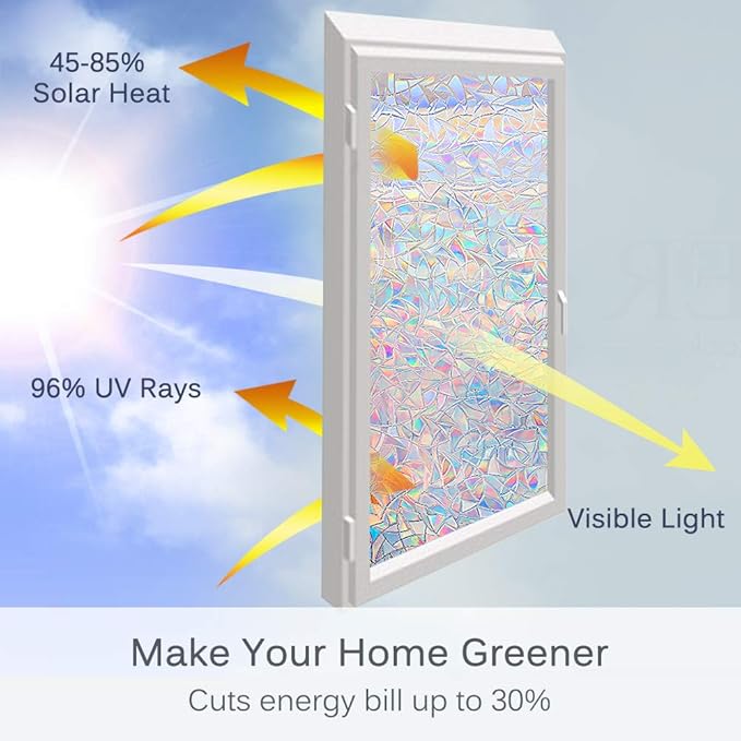 Volcanics Window Privacy Film with Installation Tools, Static Clings Vinyl 3D Decals, Stickers Rainbow Film for Glass Door Heat Control Anti UV 29.5 x 78.7 Inches