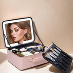 Makeup Bag with LED Mirror, Portable Makeup Artist Organizer Case with Lighted Mirror, Travel Makeup Bag for Women Cosmetic Brush Holder Storage, Pink Makeup Gift for Girls