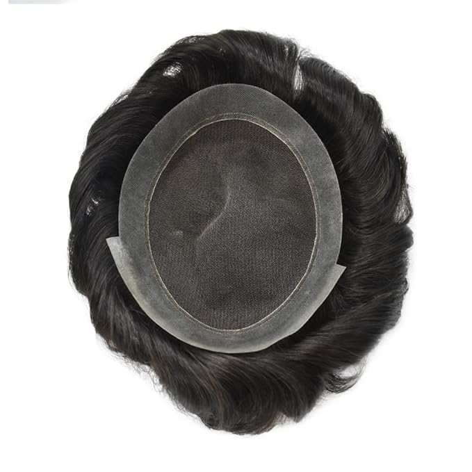 FACE MIRACLE Mens Toupee Lace Front Hairpieces Soft Human Hair Replacement System Natural Hairline Toupee for Men French Lace Poly V-Looped Mens hair Units 6"X8" 1B# OFF BLACK