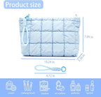 Puffer Quilted Makeup Bag Travel Cosmetic Bag Portable Puffy Checkered Toiletry Pouch Skincare Organizer Purse Pencil Case (Sky Blue)