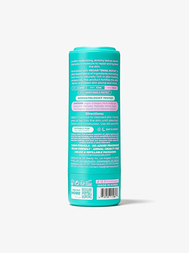 Vitamasques Vegan Snail Mucin Serum Moisturizer With Aloe Vera Complex Korean Skin Care- 1.01 fl. oz