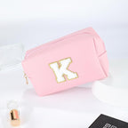 MSQ Personalized Makeup Bag Initial A-Z Patch Bag, PU Leather Cosmetic Bag Pouch Travel Toiletry Bag with Zipper, Gift Ideal for Teen Girls Friend Mom Women Birthday(Pink K)