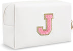 Personalized Preppy Small Travel Makeup Bag, Initial Chenille Letter White Makeup Bag Cosmetic Pouch Toiletry Organizer, PU Leather Waterproof Makeup Storage Cute Preppy Stuff for Women(Letter J)