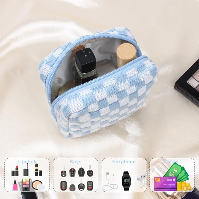 Small Blue Makeup Bag for Purse, Mini Checkered Cosmetic Bag Zipper Cute Make Up Pouch Travel Toiletry Case Quilted Aesthetic Accessories Makeup Storage Bag Organizer for Women Girls