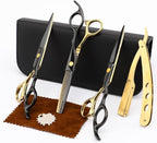 Professional Black Gold Hairdressing Scissors Stainless Steel Barber Hair Cutting Sets Salon Multifunctional Straight Shears Teeth Scissors Thinning Shears Tools for Mother Father's Gift