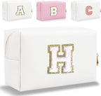 Small Personalized Letter Makeup Bag, Cute PU Leather Chenille Letters Cosmetic Bag Travel Makeup Pouch, Preppy Travel Organizer Zipper Pouch for Women&Girls（White-H）