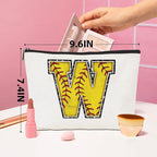 Softball Gifts Initial Monogrammed Cosmetic Bag Yellow Letter W Zipper Pouch Accessories for Girls Women Softball Player Coach Friend Graduation Birthday Gifts