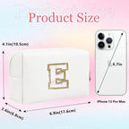 Small Personalized Letter Makeup Bag, Cute PU Leather Chenille Letters Cosmetic Bag Travel Makeup Pouch, Preppy Travel Organizer Zipper Pouch for Women&Girls（White-E）