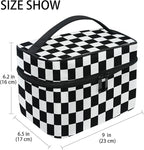 Makeup Train Case White Black Checkered Plaid Carrying Portable Zip Travel Cosmetic Brush Bag Organizer Large for Women