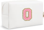 Small Cute Initial Preppy Makeup Bag, Personalized Cosmetic Zipper Pouch Chenille Letter Toiletry Bags for Traveling, Waterproof PU Makeup Case Organizer Travel Essentials for Sister Friends(Letter O)