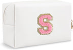 Small Travel Initial Preppy Makeup Bag, White Cute Cosmetic Organizer Toiletry Zipper Pouch Make Up Bag for Purse, Waterproof Chenille Letter Makeup Storage Personalized Gift for Sister Mom(Letter S)