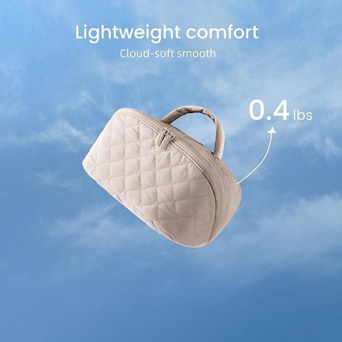 Makeup Bag for Woman, 180° Lay Flat Wide Open Makeup Bags, Large Fold out Washable Cosmetic Case, Quilted Puffy Toiletry Bags for Toiletries (Blue)
