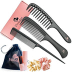 VIVEDGE| Carbon Comb Set for Curly Hair| Anti Static Frizz-free Detangling Wide Tooth Parting Combs with Premium Hair Acccessories for Styling | Gift set for loved ones(Pink-Light Yellow)