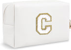 Personalized Initial Preppy Makeup Bag, Small Cute White Toiletry Pouch Monogram Cosmetic Travel Organizer with Zipper, PU Waterproof Glitter Make Up Bags Storage Gift for Women Coworker(Letter C)