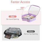 PACKISM Floral Texture Lace TSA Approved Toiletry Bag - 180° Opening Clear Makeup Bags in 2 Size, Clear Toiletry Bags with Handle, 0.5 mm Thick Non-deformable No Smell, Purple