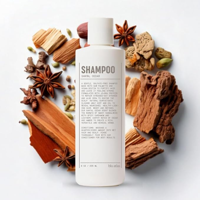 Blu Atlas Men's Natural Shampoo – Organic, Sulfate-Free, Paraben-Free – Deep Cleansing & Hydrating – Santal Cedar Scent – Made in America – 8 oz