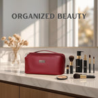 NAORI Travel Makeup Bag for Women | Large Luxury Cosmetic Organizer with Handle & Inner Pockets | Waterproof Leather Toiletry Bag | Makeup Case for Home, Travel & Gifting (Classic Burgundy)
