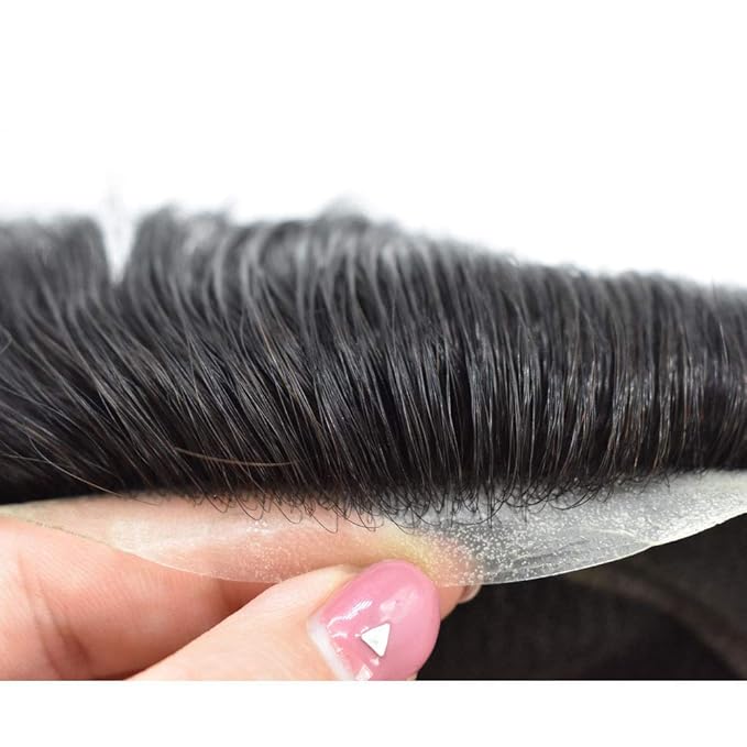 FACE MIRACLE Hair System for Men French Lace Mens Toupee Human Hair Replacement System Lace with PU Toupee for Men Male Hair Piece Wigs 8"X10" 1B# OFF BLACK