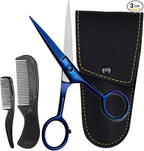 Ontaki Facial Hair Scissors - 5 Inch, Midnight Blue - High-Carbon German Steel Grooming Scissors for Beard & Mustache with Mustache Comb, Beard Comb & Leather Pouch