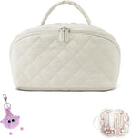 Makeup Bag for Woman, 180° Lay Flat Wide Open Makeup Bags, Large Fold out Washable Cosmetic Case, Quilted Puffy Toiletry Bags for Toiletries (White)