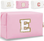 Small Personalized Letter Makeup Bag, Cute PU Leather Chenille Letters Cosmetic Bag Travel Makeup Pouch, Preppy Travel Organizer Zipper Pouch for Women&Girls（Pink-E）