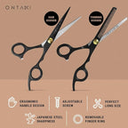 Ontaki Hair Cutting & Thinning Japanese Steel Shears Kit - 7-Inch, Black - Professional Hair Shears - Stainless Steel Thinning Scissors - Barber Scissors Kit with Comb & Pouch