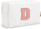 Personalized Chenille Letter Preppy Makeup Bag, Small Cute Mini Travel Cosmetic Bag Initial Toiletry Zipper Pouch Makeup Storage, Waterproof Makeup Case Travel Essentials for Her Daughter(Letter D)