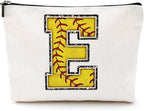 Initial Makeup Bag Monogrammed Cosmetic Bag Letter E Zipper Pouch Softball Accessories for Girls Women Player Coach Niece Graduation Birthday Gifts