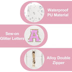 Small Initial Patch Makeup Bag Personalized Gifts Make Up Bag,White Cute PU Leather Glitter Letter Cosmetic Bag with Zipper,Trendy Portable Travel Toiletry Pouch,Preppy Stuff for Teen Girls Women A