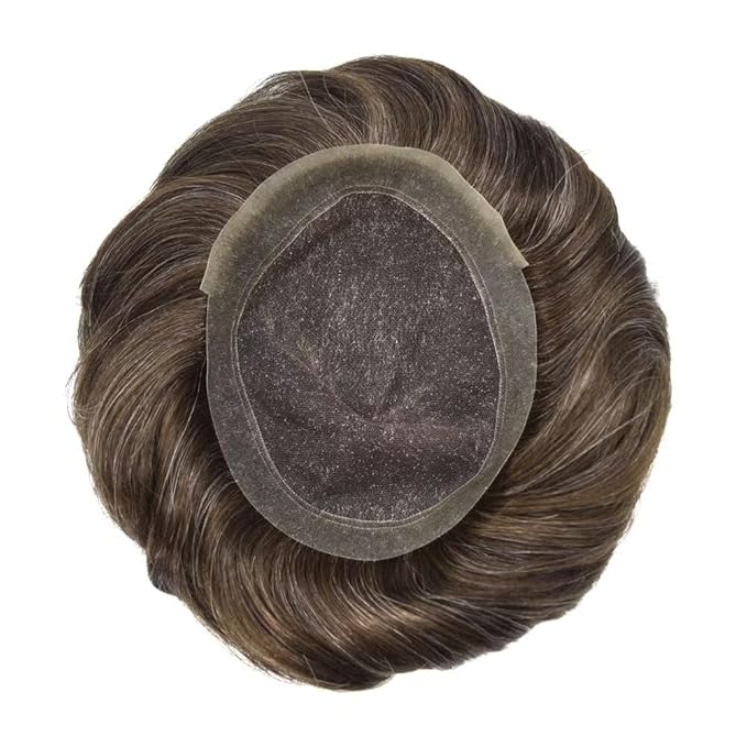 Toupee for Men French Lace Center Human Hair Replacement Systems Lace Center Hair Piece Mens Toupee Hair Units for Man V-Looped Male Hair Prosthesis 7"X9" #330 Dark Brown with 30% Gray